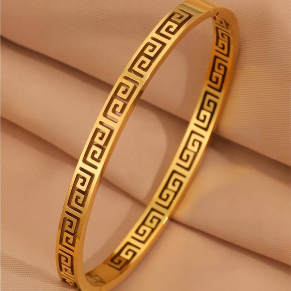Gold Plated Stainless Steel Greek Key Bangle Bracelet Style Cuff - Picture 3 of 4
